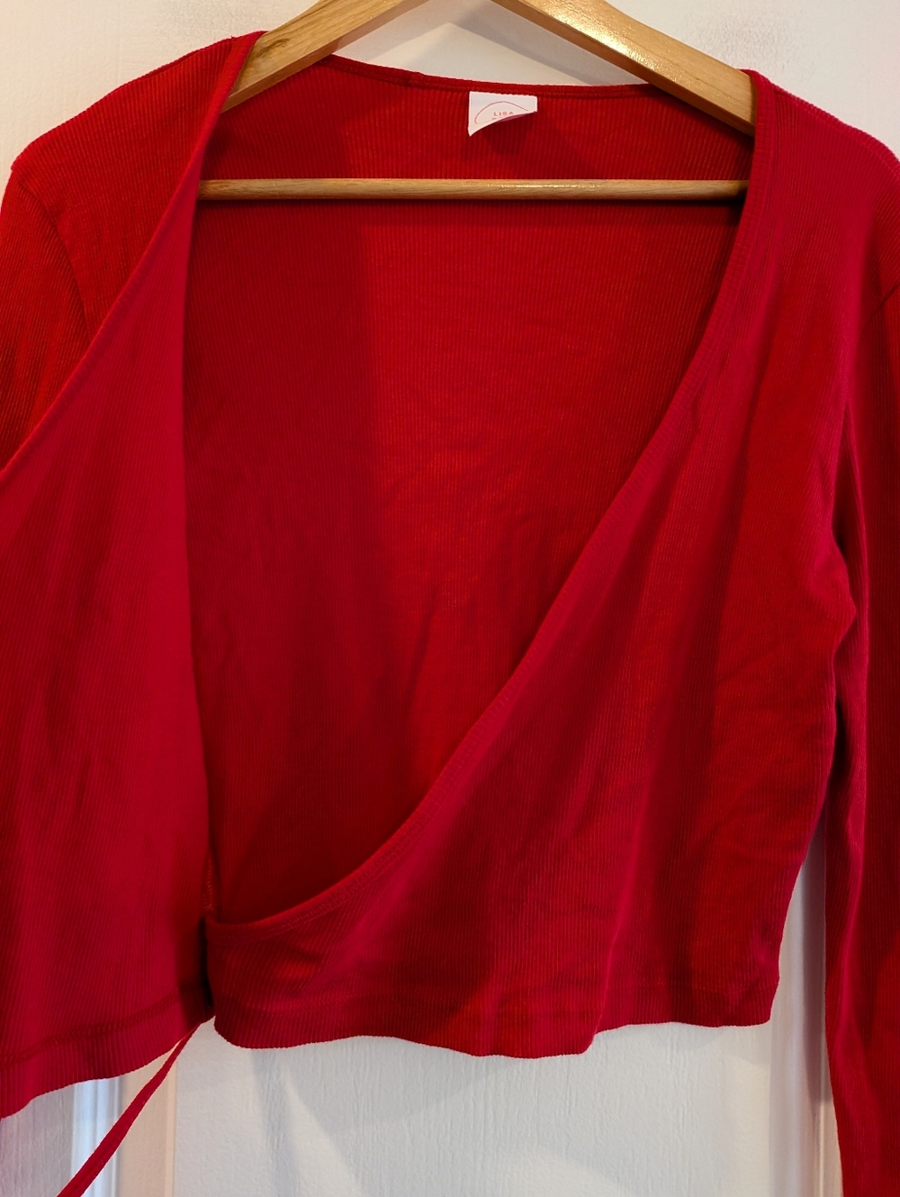 Lisa Says Gah Lucille Wrap Top Red Ribbed Long Sleeve Cropped Cotton Size M - Picture 9 of 15